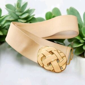 Vintage DAY LOR USA Cream Enamel Buckle 2" Wide Off White Elastic Stretch Belt